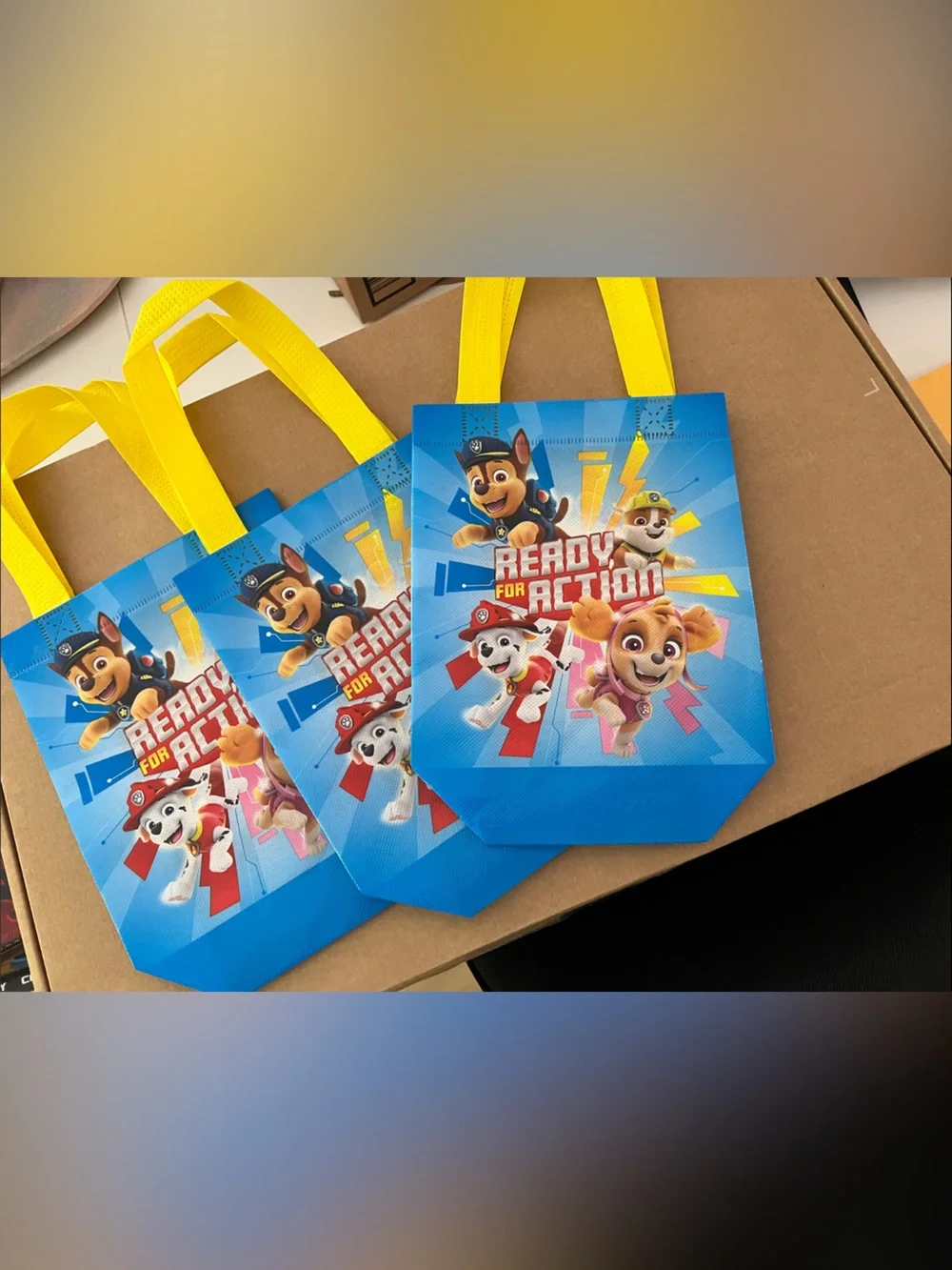 Set of 3 Paw Patrol Ready for Action Blue Party Tote Bags with Yellow Handles