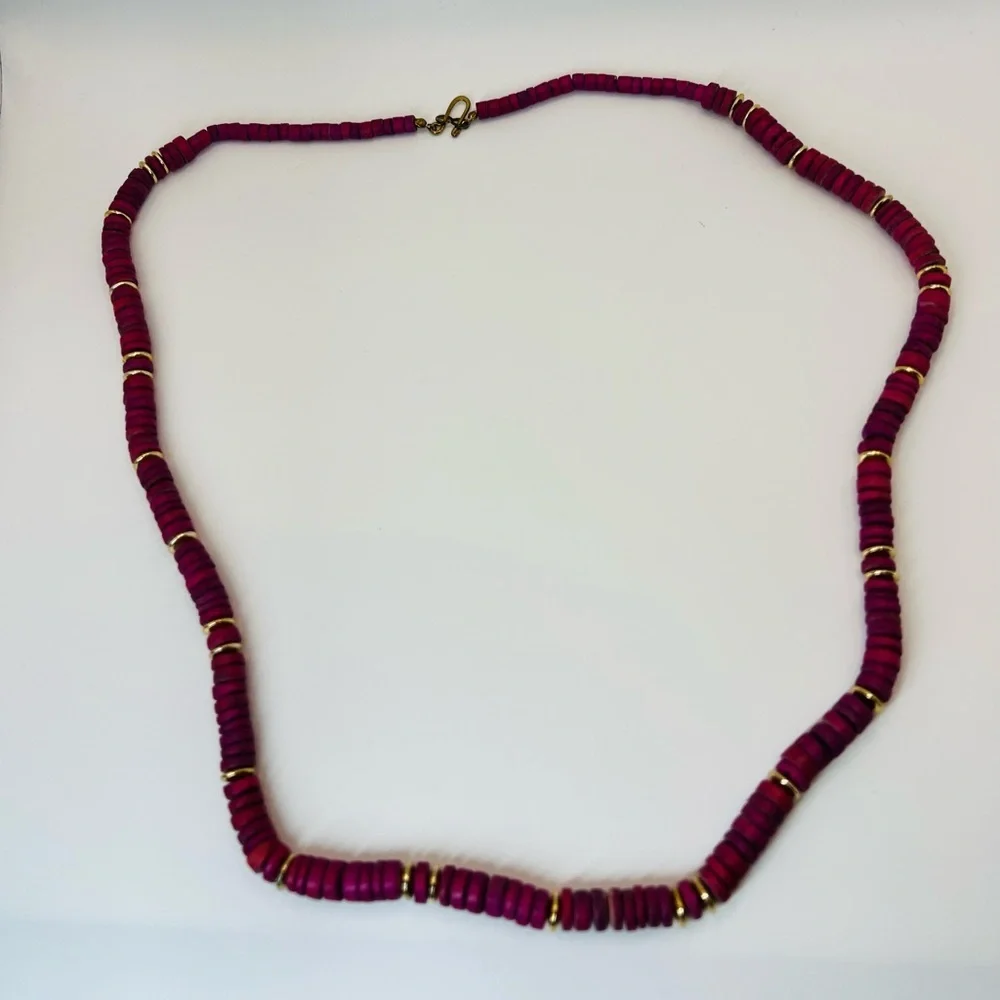 Vintage Magenta Disk Bead Necklace Gold Tone Spacers Boho Statement 16–17”
