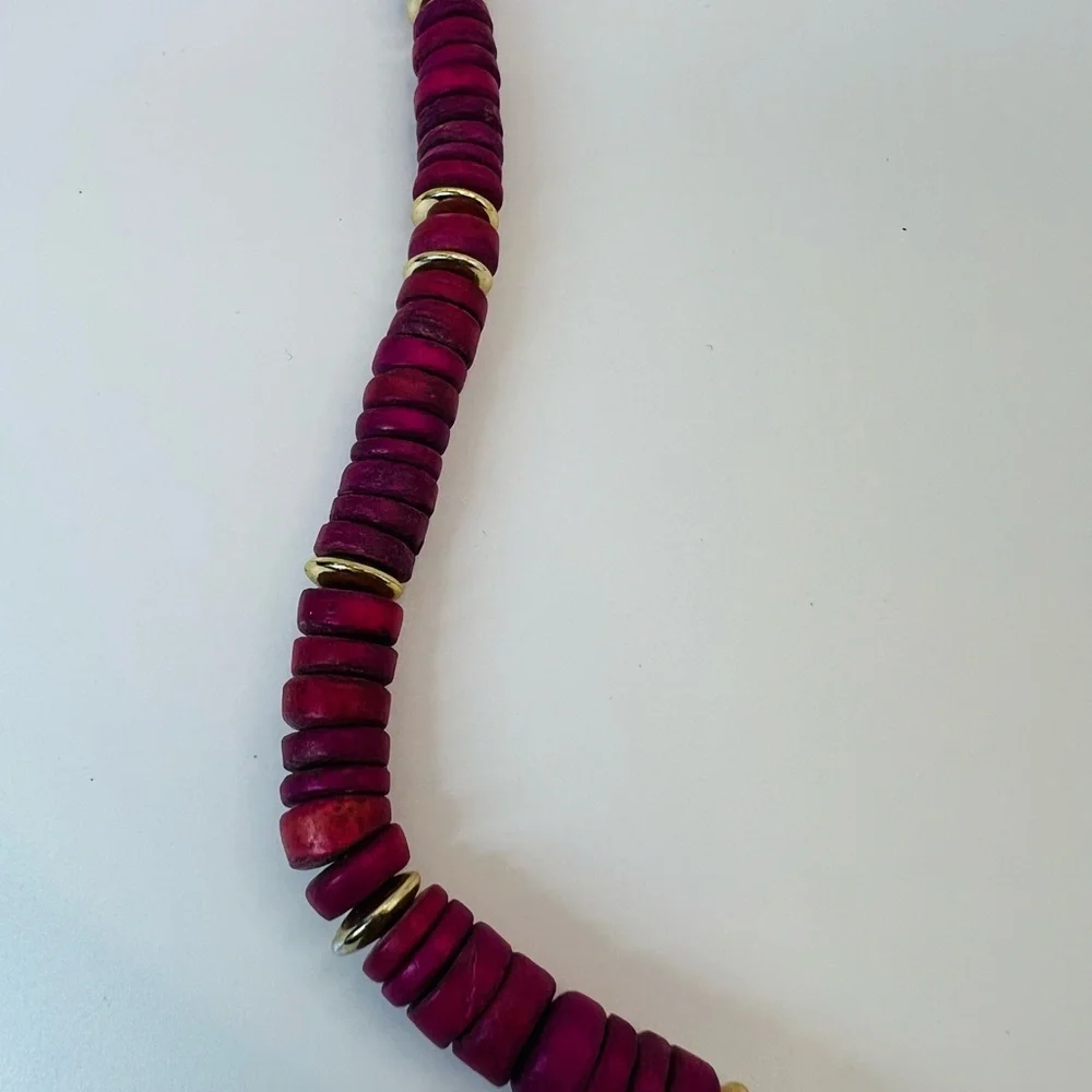 Vintage Magenta Disk Bead Necklace Gold Tone Spacers Boho Statement 16–17”