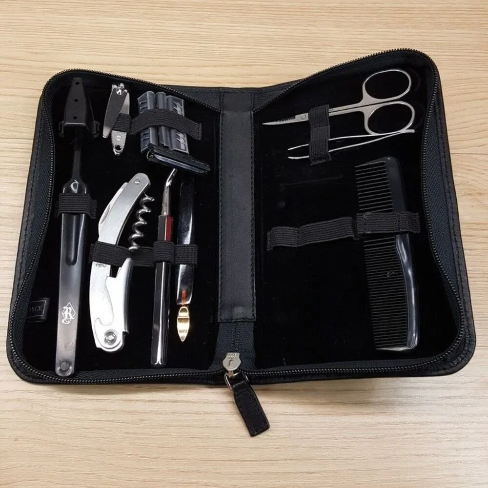 ROYCE Mens Grooming Toiletry Kit Black Leather Travel Case + Wine Corkscrew