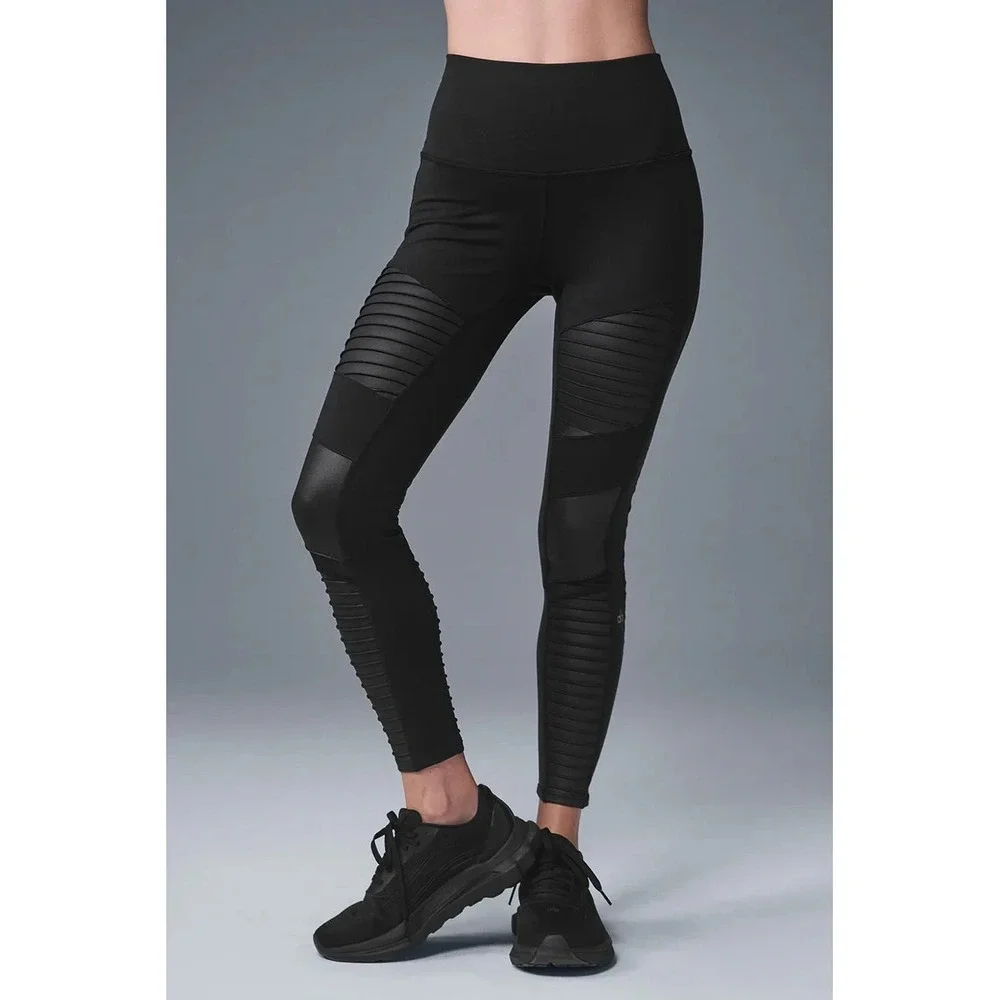 Alo Yoga Moto Leggings Women's XS Black High Waist Mesh Panel 7/8 Athleisure
