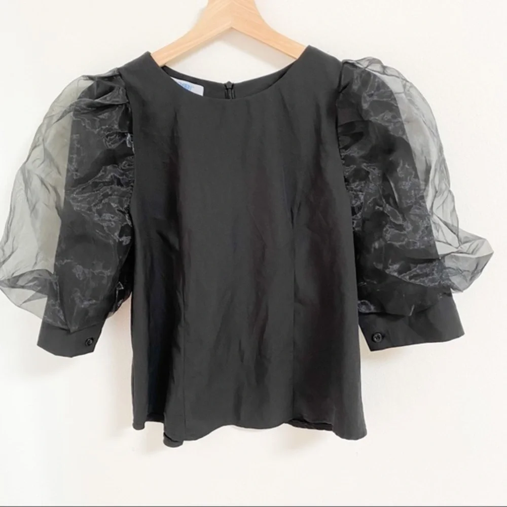 Black with sheer puffy sleeves top blouse
