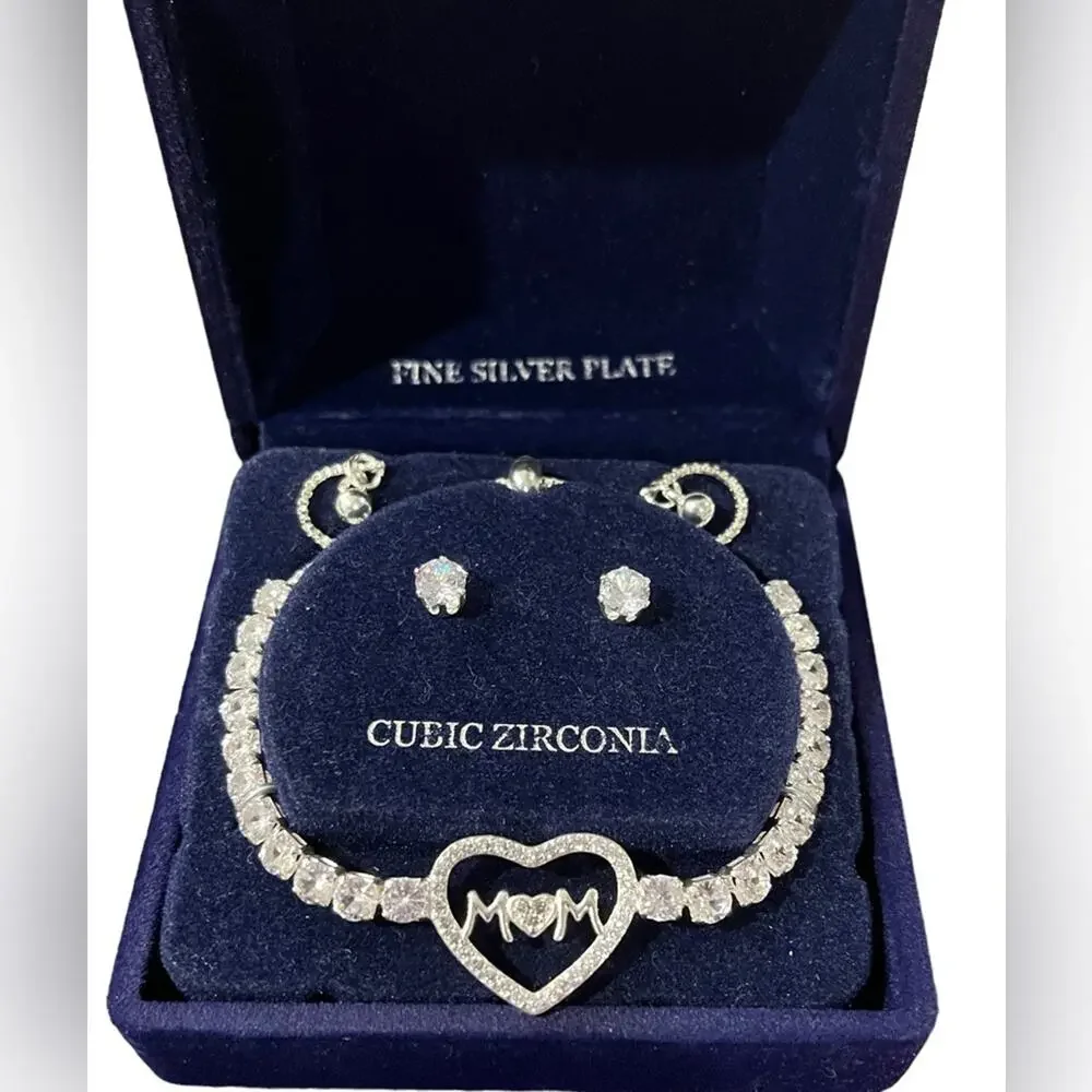 NEW Silver Plate MOM BRACELET & Solitaire EARRINGS Set Adjustable CZ Boxed