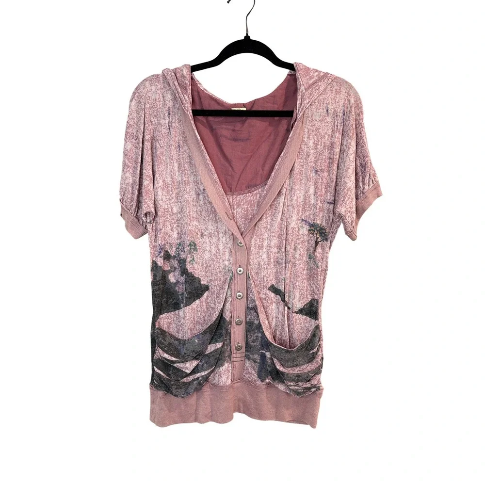 Free People Pink Mountain Graphic Hooded Cardigan Women SP Short Sleeve Burnout