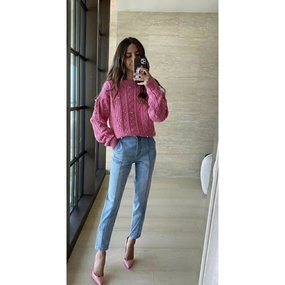 NWT SOMETHING NAVY Sz XS SHELBY PEARL CABLE KNIT SWEATER IN BUBBLEGUM PINK