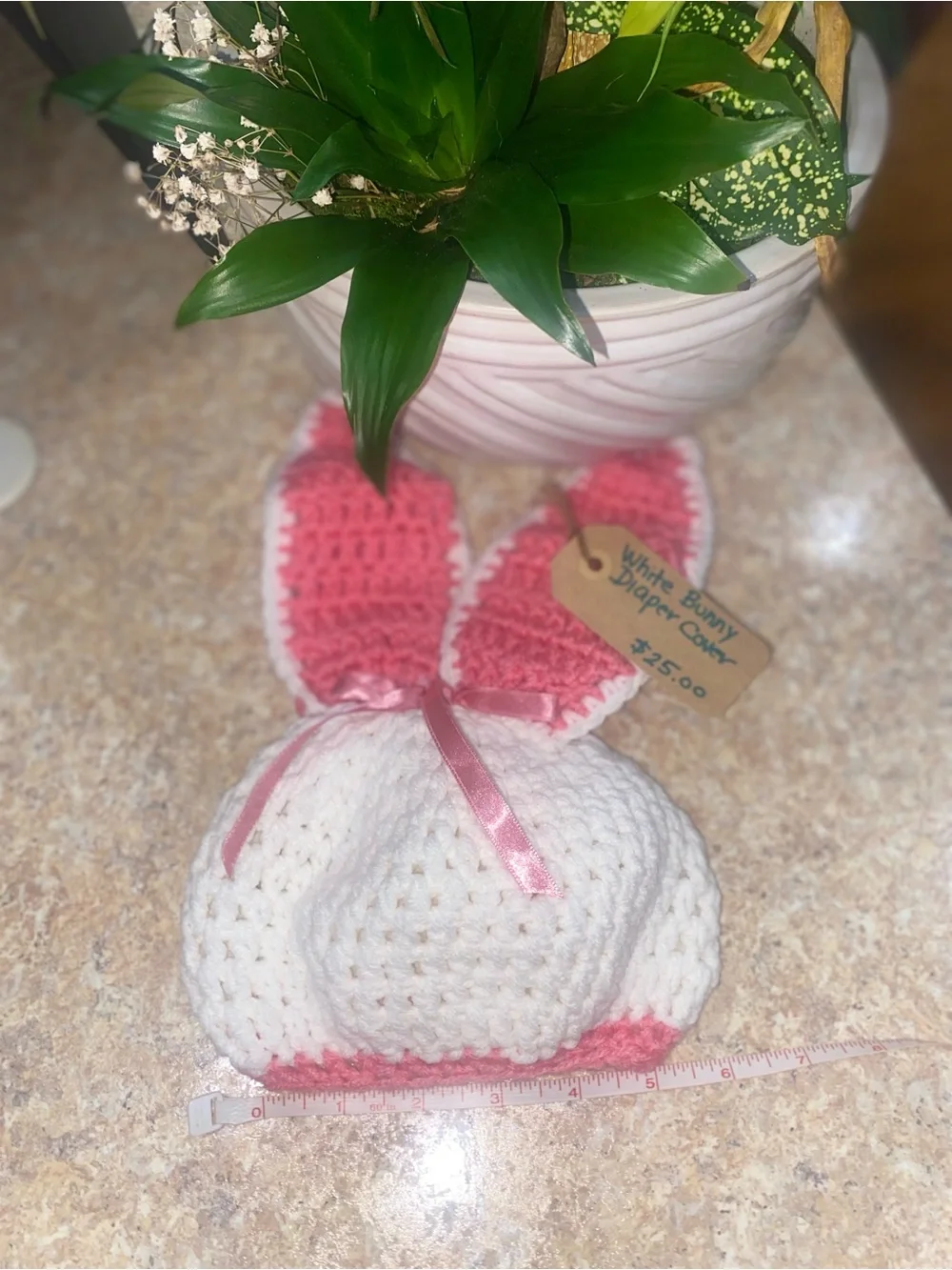Handmade Crochet Bunny Diaper Cover & Ear Hat - White and Bright Pink