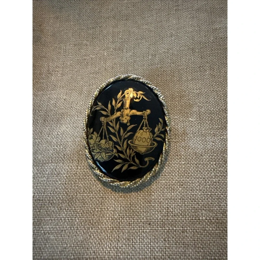 Vintage Gold-Tone Devil/Zodiac Libra Black Glass Brooch