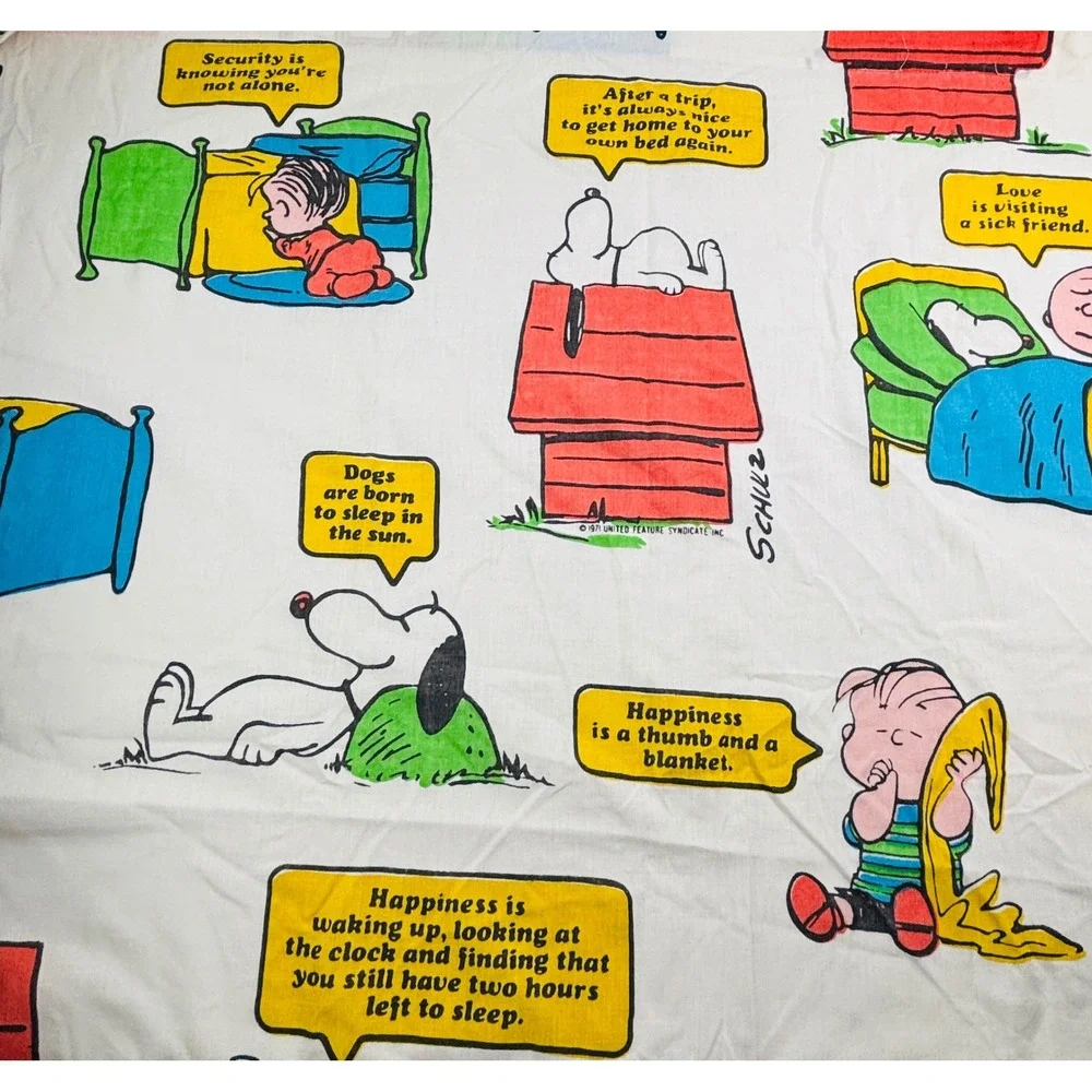 Vintage Peanuts Sleeping Quotes Twin Flat Sheet‎ JCPenney 1971 Snoopy Charlie