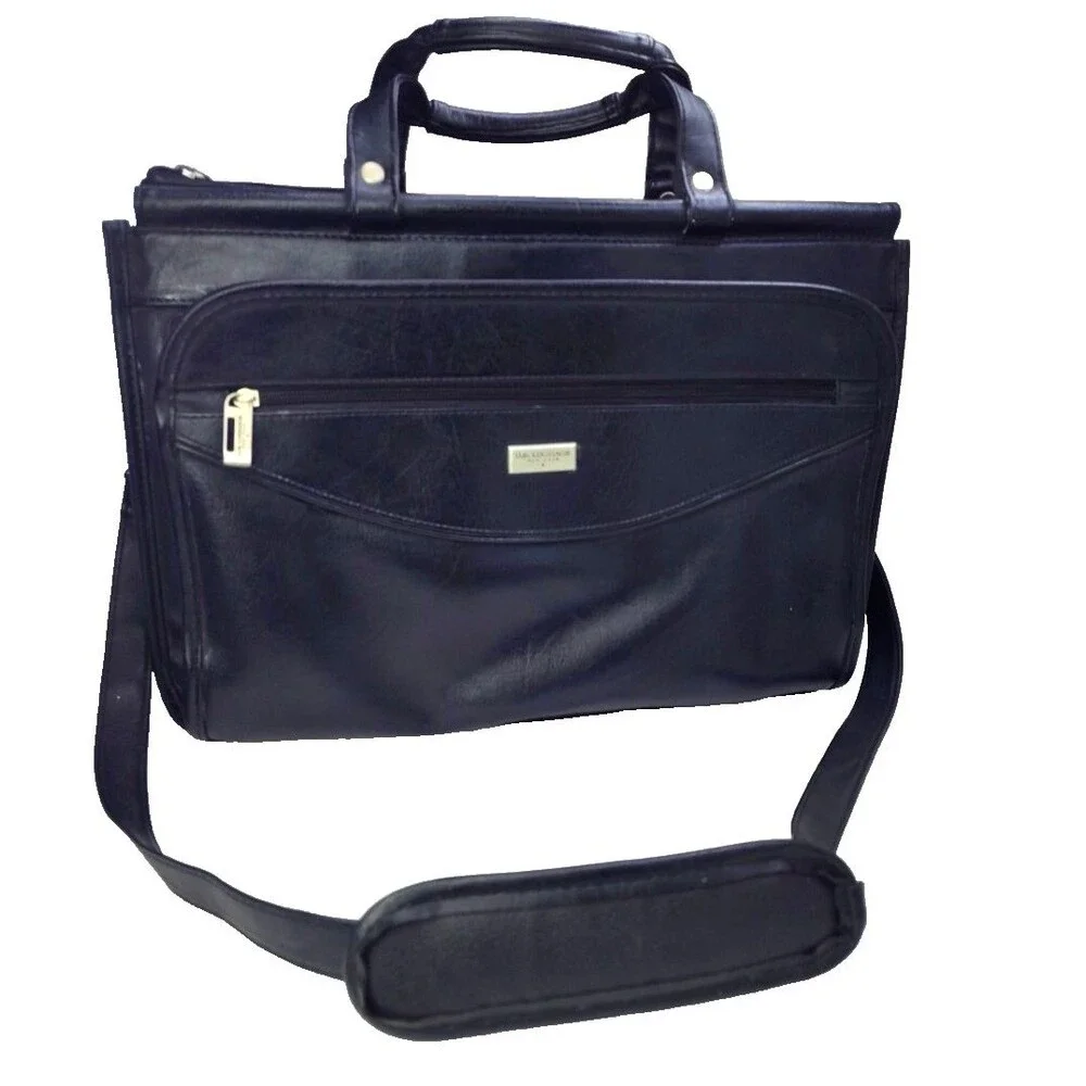 US Luggage New York Black Leather Expandable Briefcase Laptop Bag w Strap 16