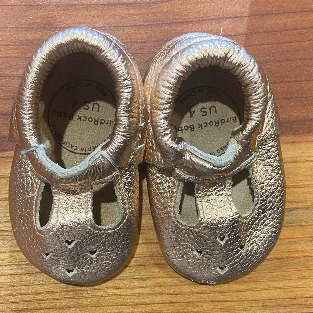 Kids Metallic Rose Gold Moccasin Shoes - Soft Leather Slip-On