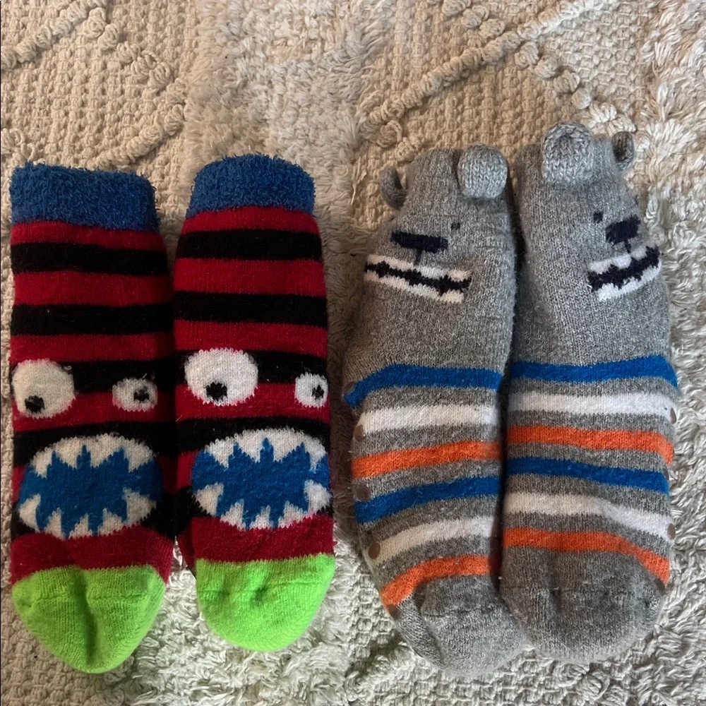 Boys Colorful Monster and Bear Thick Fleece Slipper Socks‎ Set with Grips