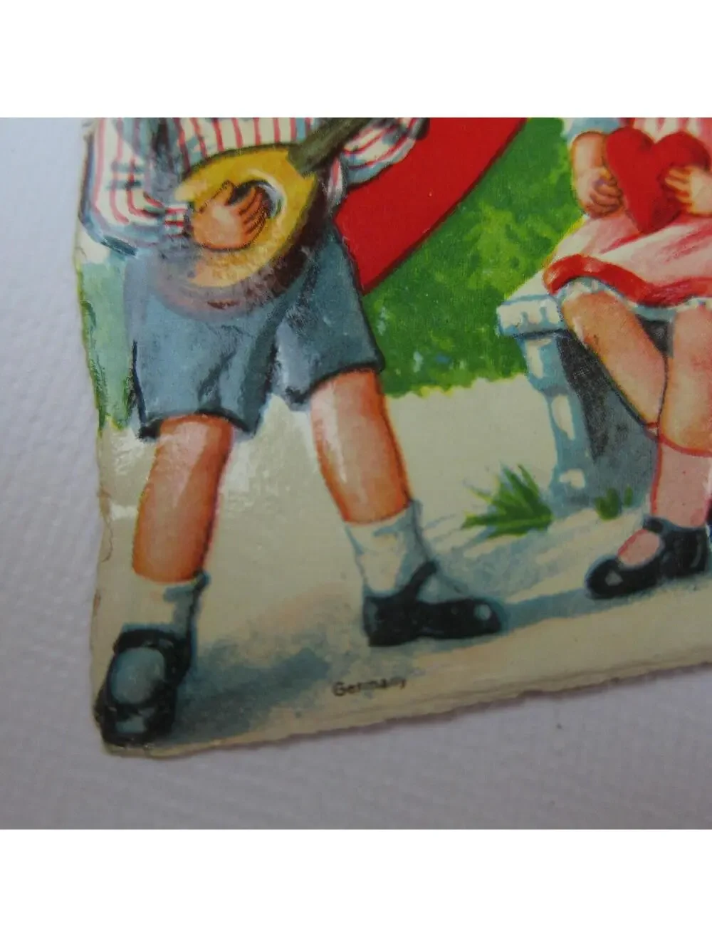 Vintage Valentine Die cut Boy Plays Mandolin for Girl Pink Dress Red Hearts