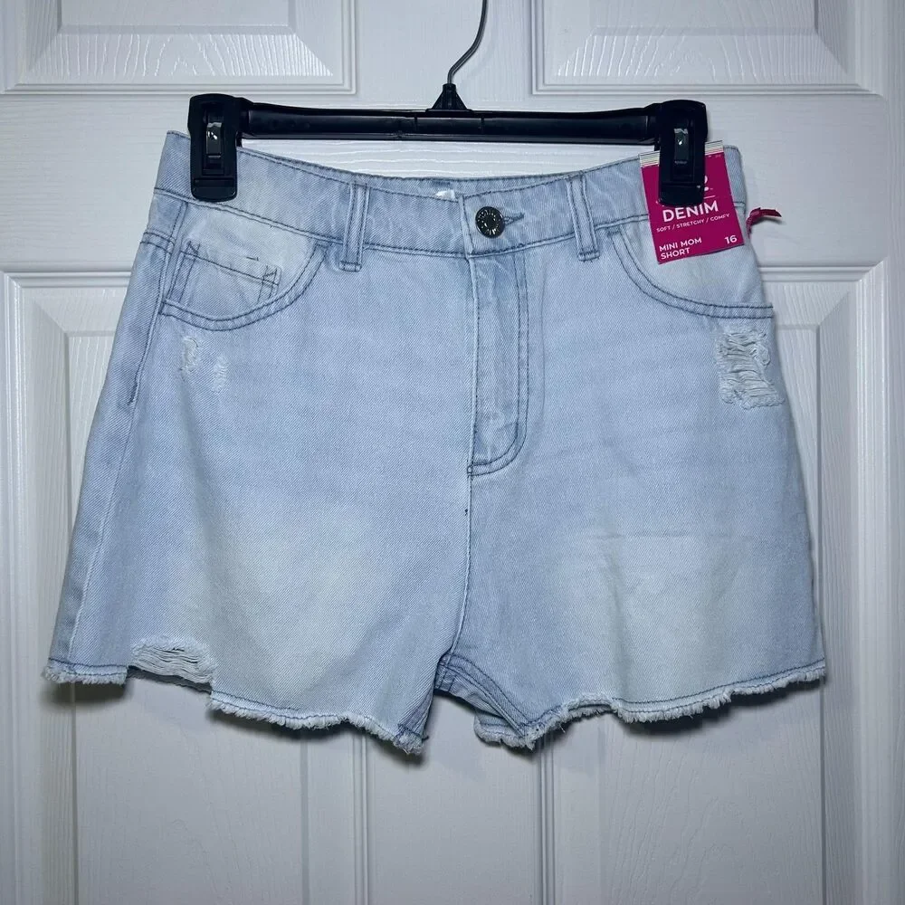 Justice Denim Shorts Girls 16 Blue Mini Distressed Raw Hem Zip Fly NWT