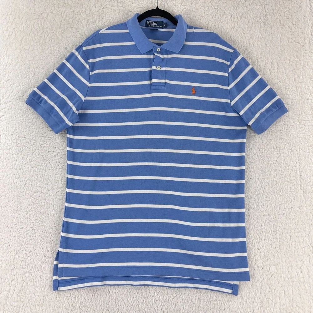 Polo Ralph Lauren Blue‎ White Stripe Polo Shirt Mens Short Sleeve Size Large