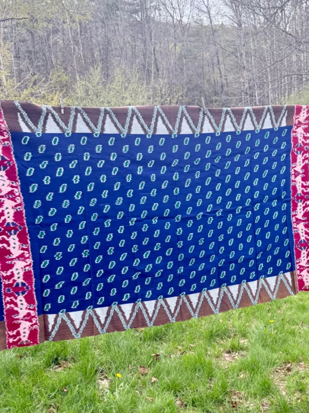 True Ikat Cloth Wrap Throw Blue Green Wall Hanging Medium Weight Weaving 82 X 45