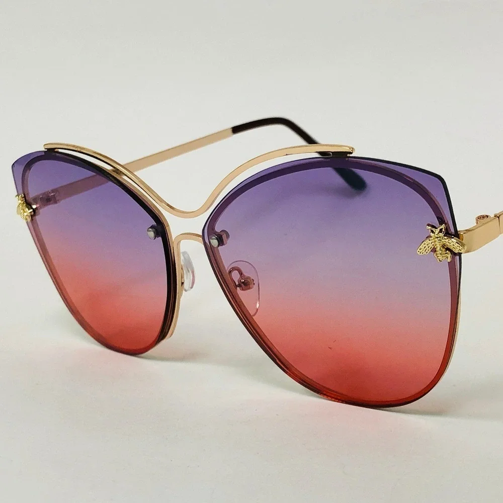 Rimless Butterfly Sunglasses Bee‎ Accents Purple Pink Fashion Shades Oversized