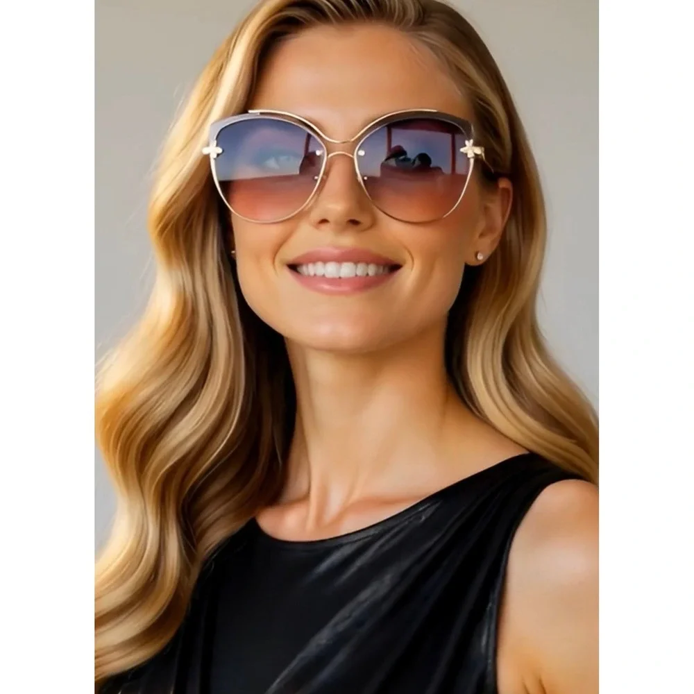 Rimless Butterfly Sunglasses Bee‎ Accents Purple Pink Fashion Shades Oversized