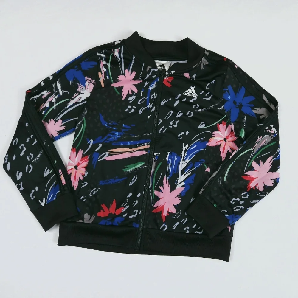 Adidas Girls Black Pink Spring Floral Tricot Tropical Track Jacket Size 10-12