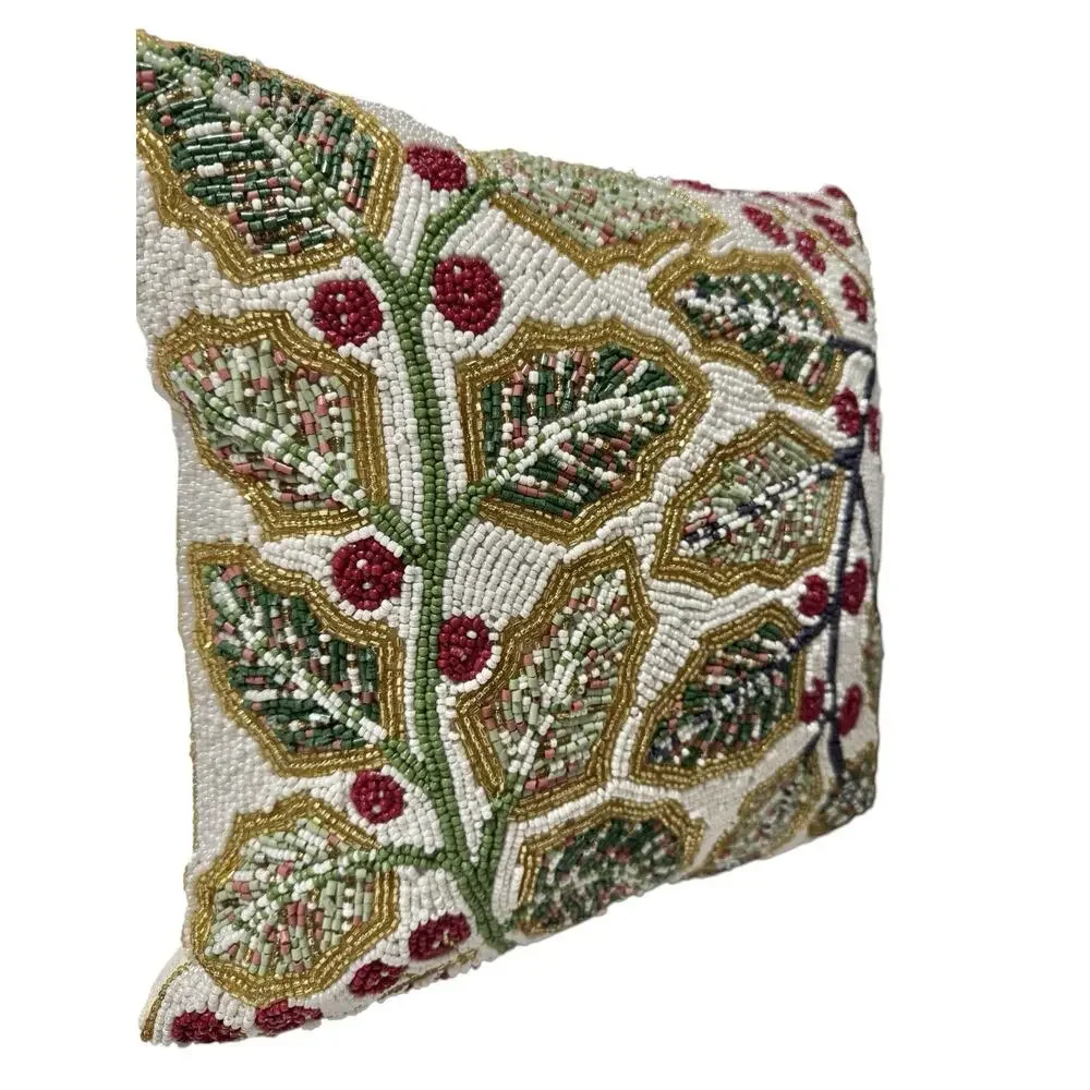 Christmas Throw Pillow Leaves Hand Beaded Gold Accent Holiday Sparkle Rare‎