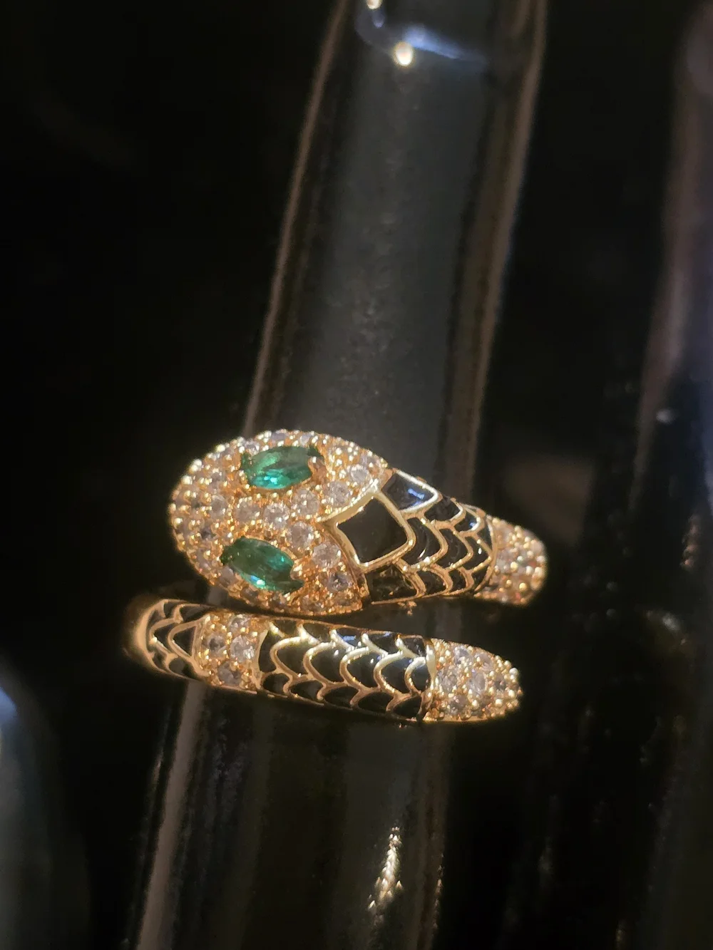22kgp Duabi Jewelry- Gold Tone Snake Wrap Ring with Green Stone Eyes