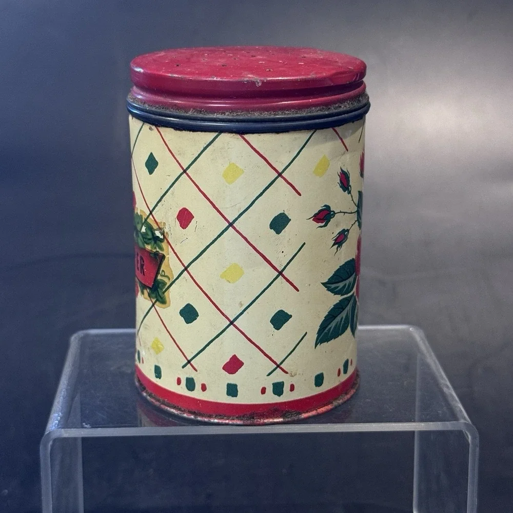 Vintage 40s‎ Tin Pepper Shaker Single Red Rose Lithograph Red Lid Slight Rust