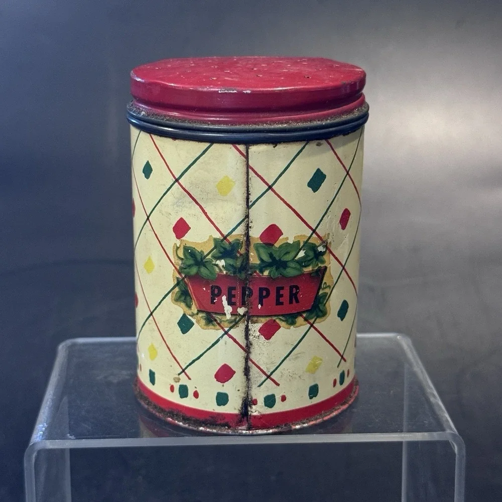 Vintage 40s‎ Tin Pepper Shaker Single Red Rose Lithograph Red Lid Slight Rust