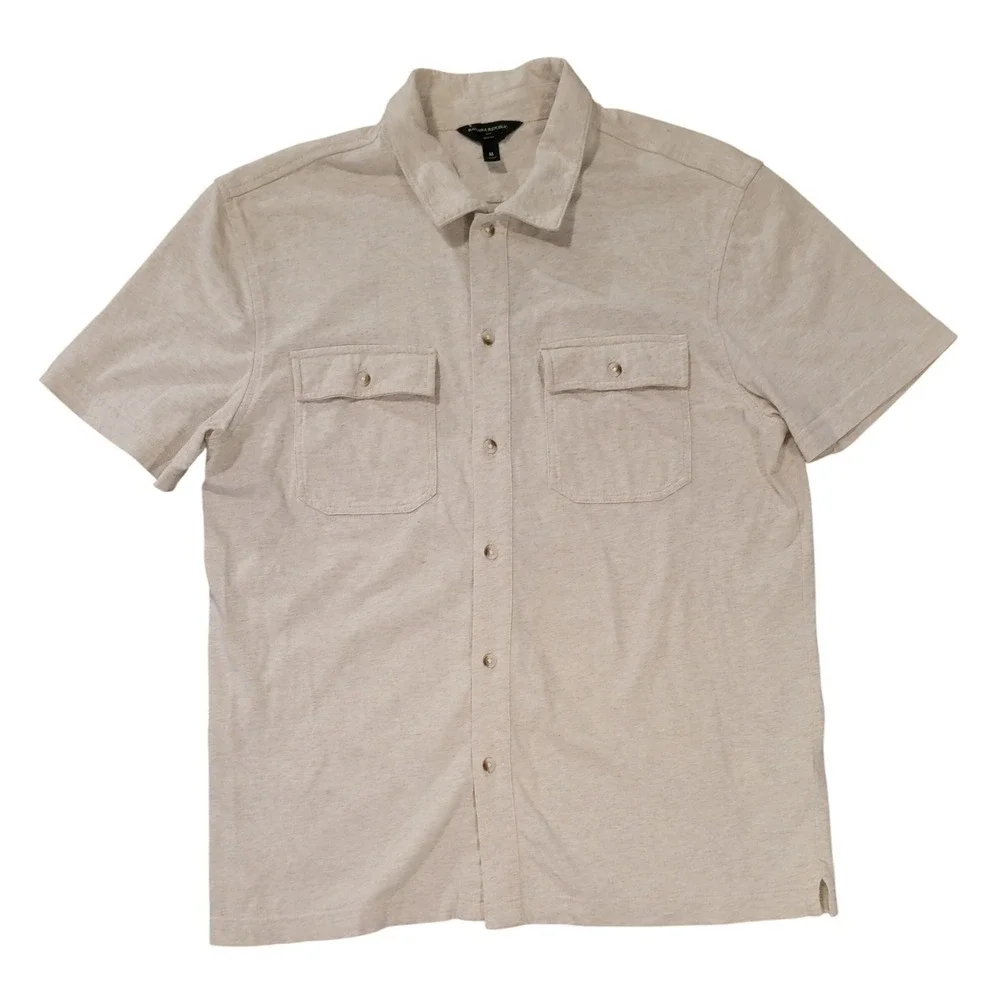 Banana Republic Mens Slim Fit Short‎ Sleeve Button Down Shirt M Heather Beige