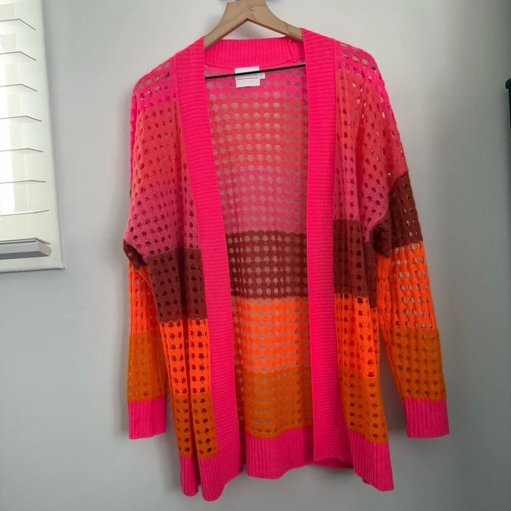 Brodi Cashmere XS‎ Sunset Pointelle Open Knit Stripe Cardigan Lightweight Pink