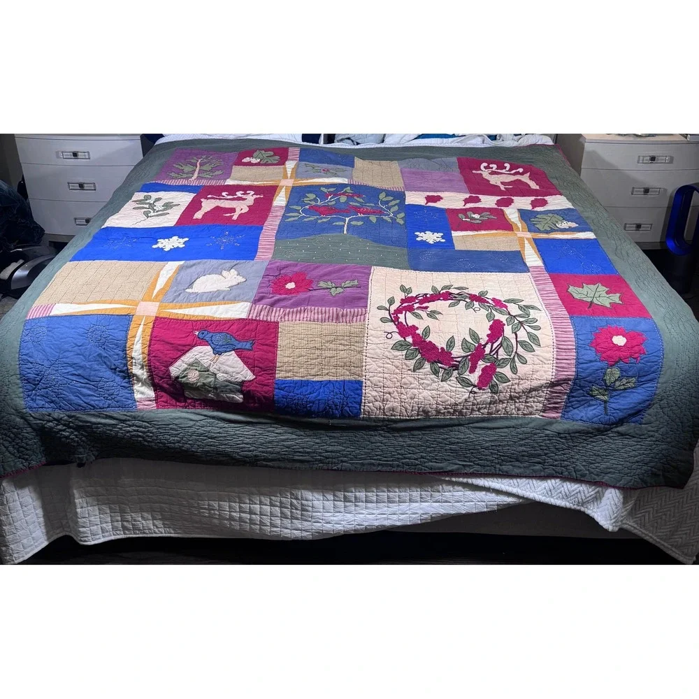 VTG Folk Art Quilt Queen Hand Appliqué Woodland Christmas‎ Patchwork Farmhouse