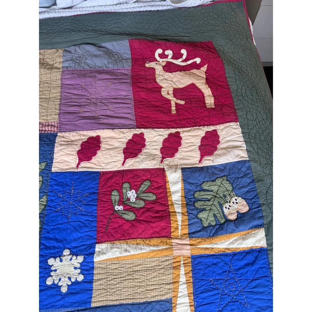 VTG Folk Art Quilt Queen Hand Appliqué Woodland Christmas‎ Patchwork Farmhouse