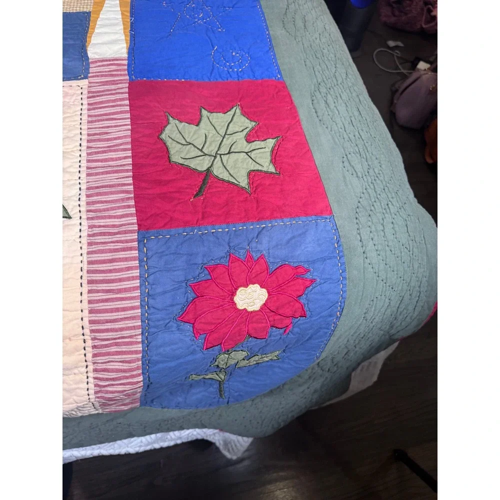VTG Folk Art Quilt Queen Hand Appliqué Woodland Christmas‎ Patchwork Farmhouse