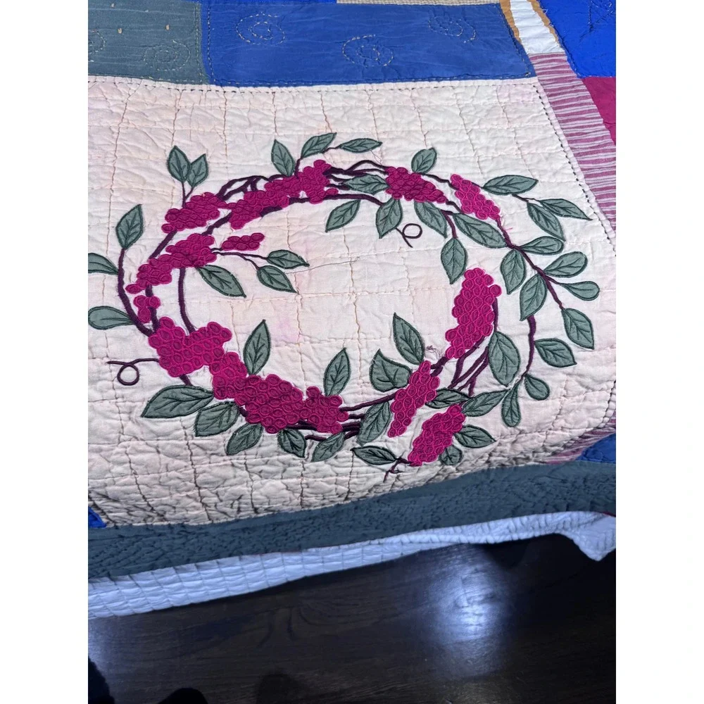 VTG Folk Art Quilt Queen Hand Appliqué Woodland Christmas‎ Patchwork Farmhouse