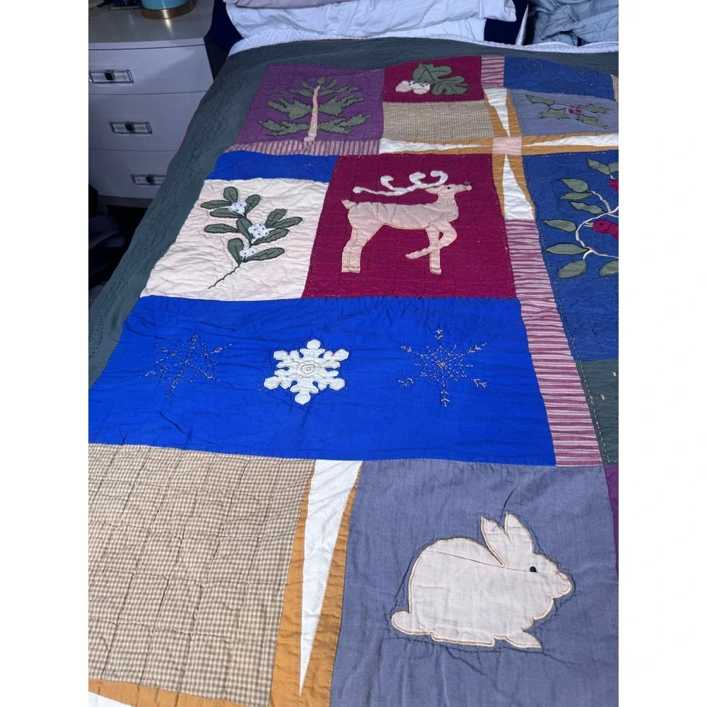 VTG Folk Art Quilt Queen Hand Appliqué Woodland Christmas‎ Patchwork Farmhouse