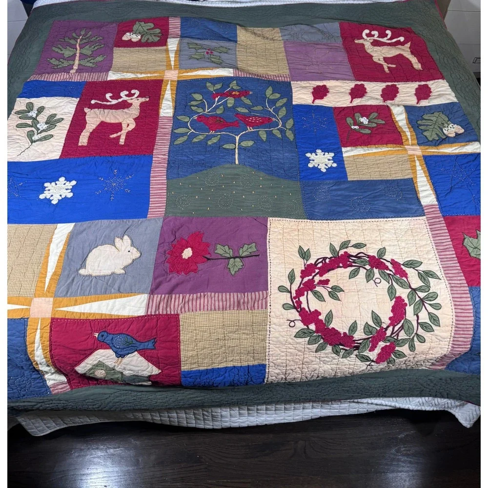 VTG Folk Art Quilt Queen Hand Appliqué Woodland Christmas‎ Patchwork Farmhouse