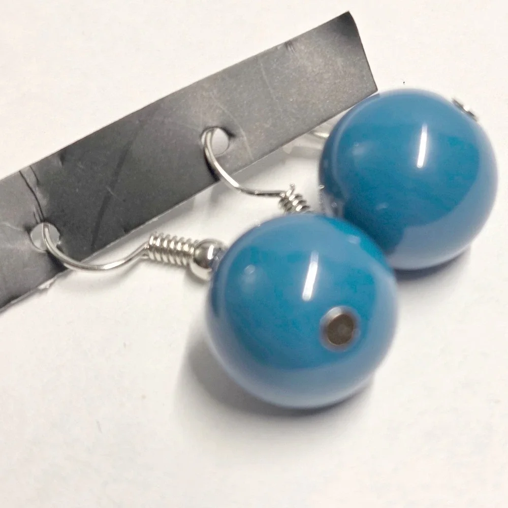 New Orb Drop Earrings Teal Blue Glossy Round Ball Minimalist Retro Dangle Hooks