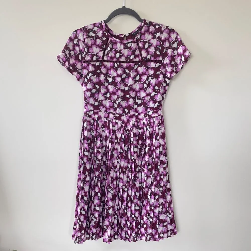 Banana Republic Purple Floral Short Sleeve Pleated Fit & Flare Dress