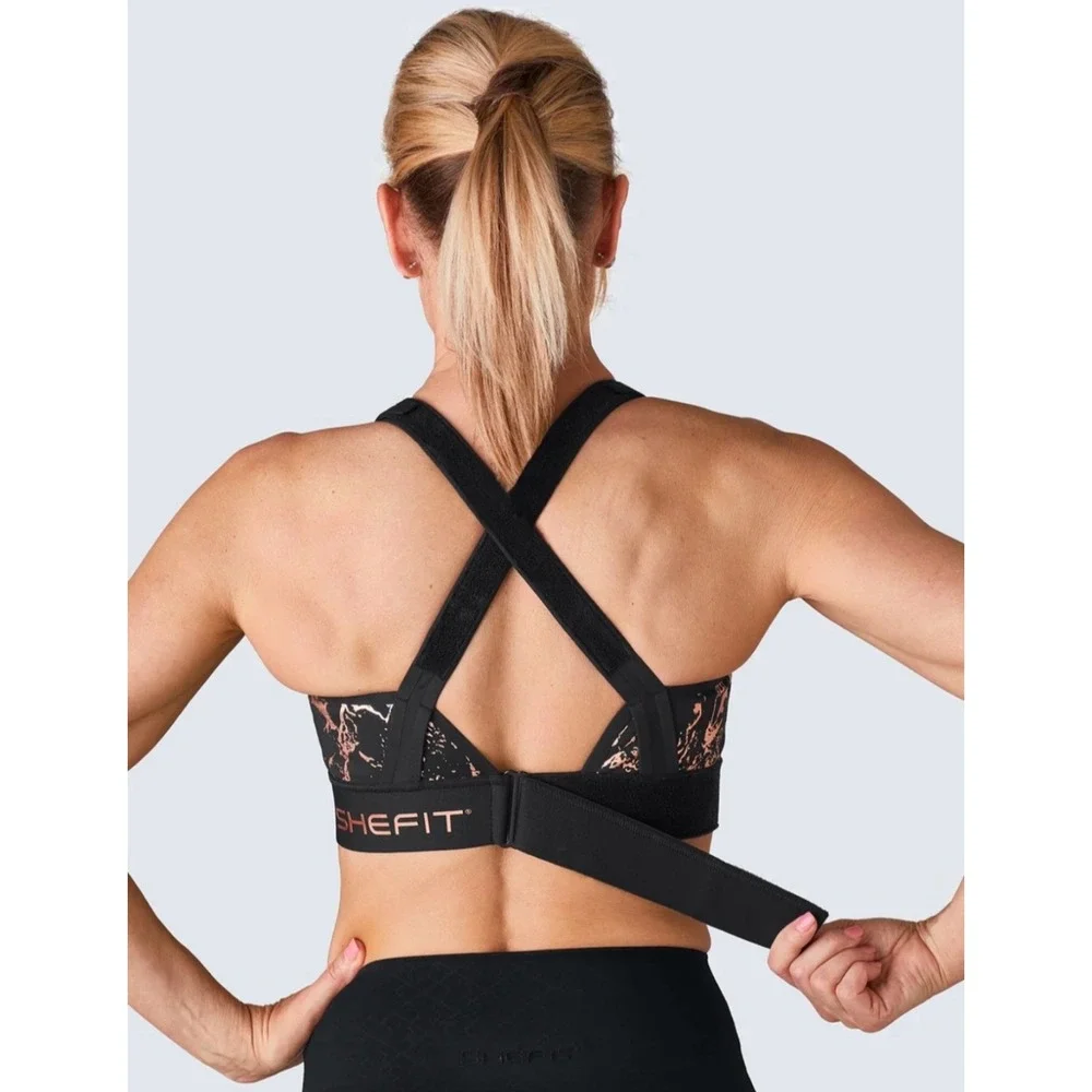 SHEFIT‎ Flex Black Sports Bra Front Zip High Impact Marble Rose Gold Sz 4Luxe