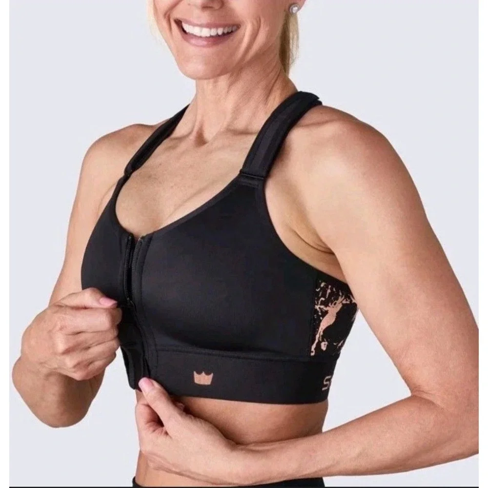 SHEFIT‎ Flex Black Sports Bra Front Zip High Impact Marble Rose Gold Sz 4Luxe