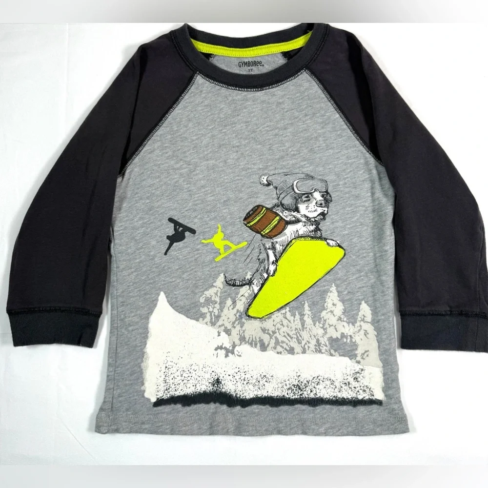GYMBOREE Toddler Long Sleeve Raglan Graphic Tee 3T Snowboard‎ Dog Winter Outdoor