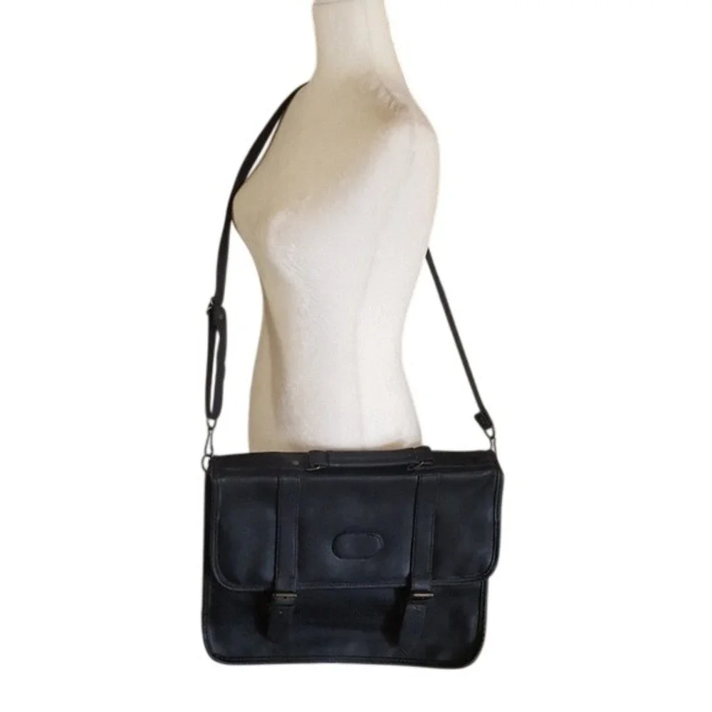 Black Faux Leather Briefcase Messenger Bag Adjustable Strap Professional Satchel