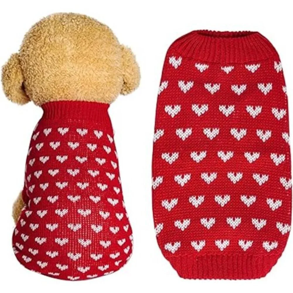Red Dog & Cat Sweater Knitted Heart Puppy Pullover Warm Soft Holidays Clothes