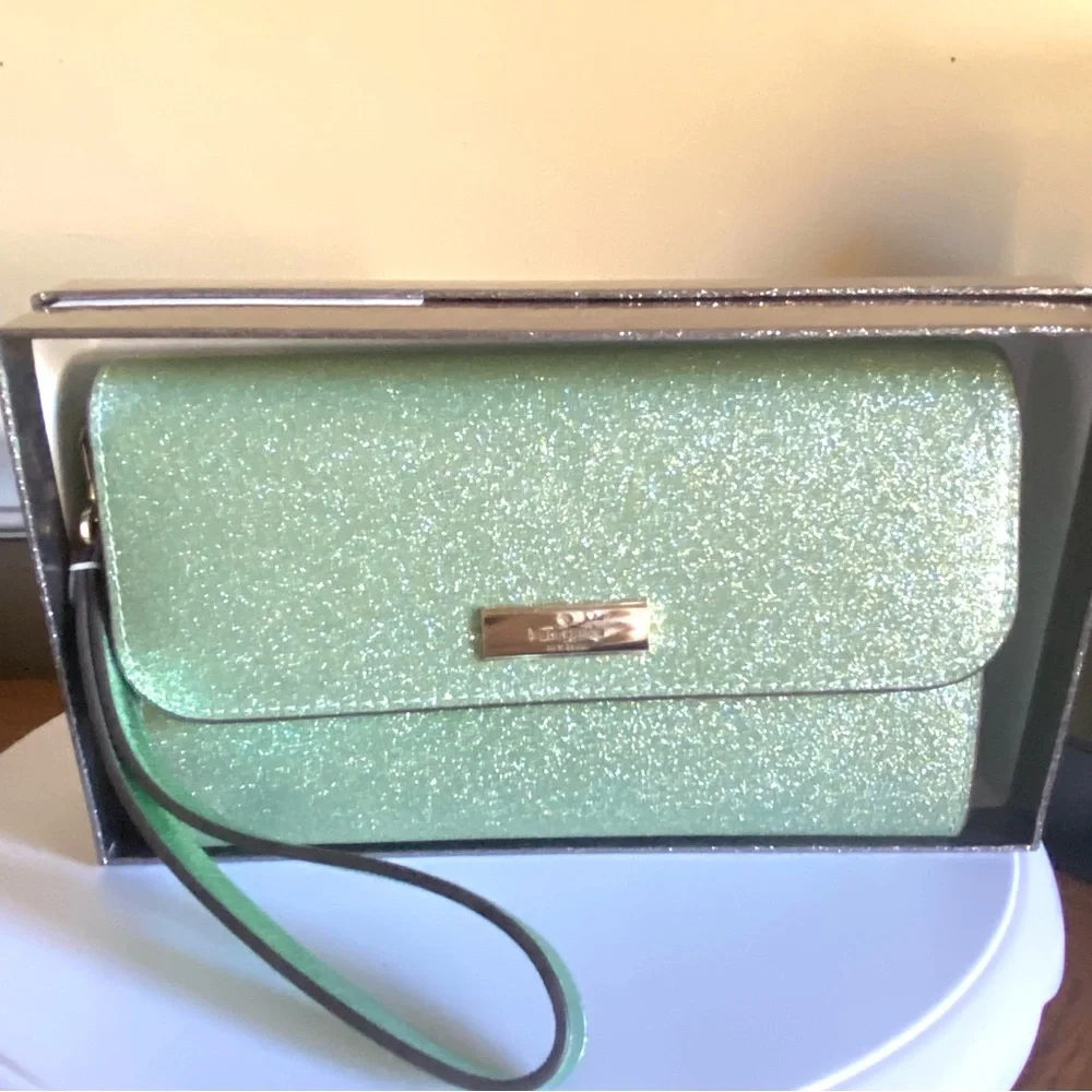 Kate Spade mint Glitter Kenzie medium flap Clutch with wristlet strap NEW IN BOX