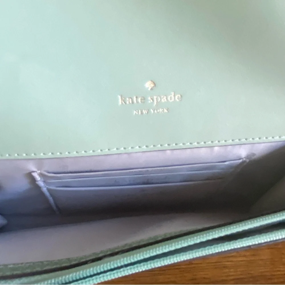 Kate Spade mint Glitter Kenzie medium flap Clutch with wristlet strap NEW IN BOX