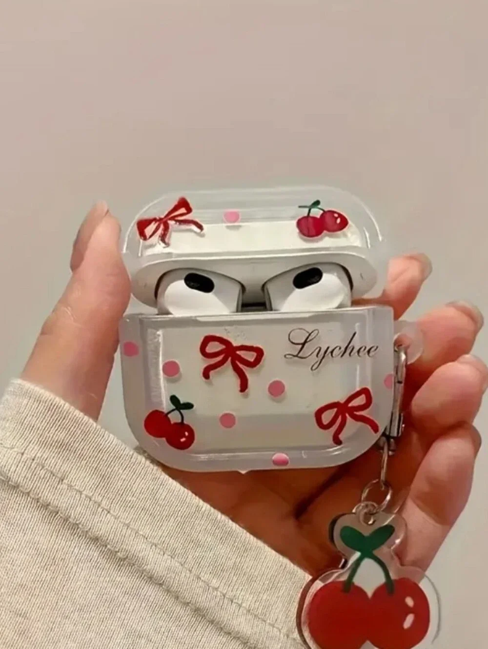 AIRPOD 4 White Cherry Print AirPods Case Cover with Keychain