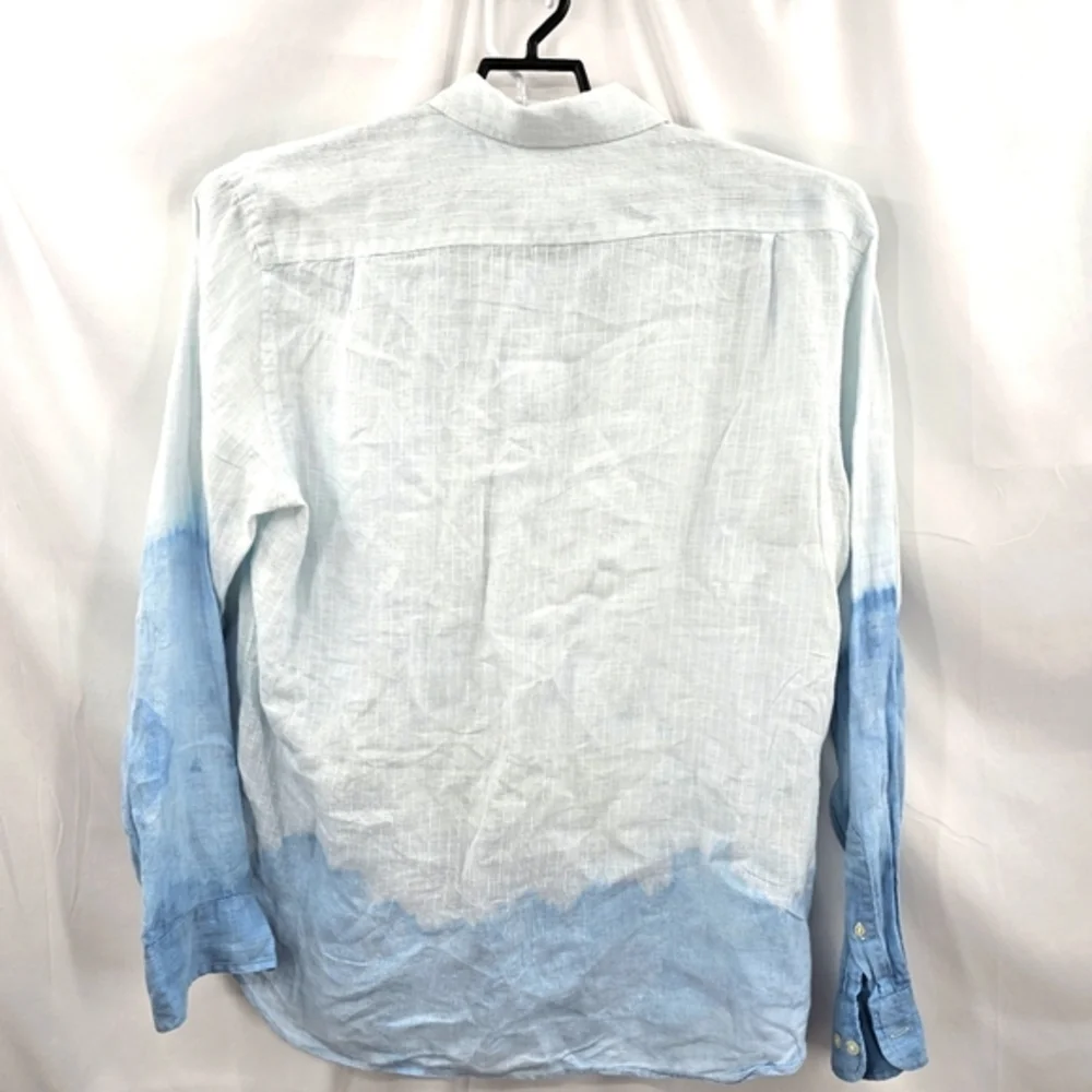 J Crew Men's Long Sleeve 100% Linen Shirt Tie-Dye Gradient‎ Blue Design Size L.