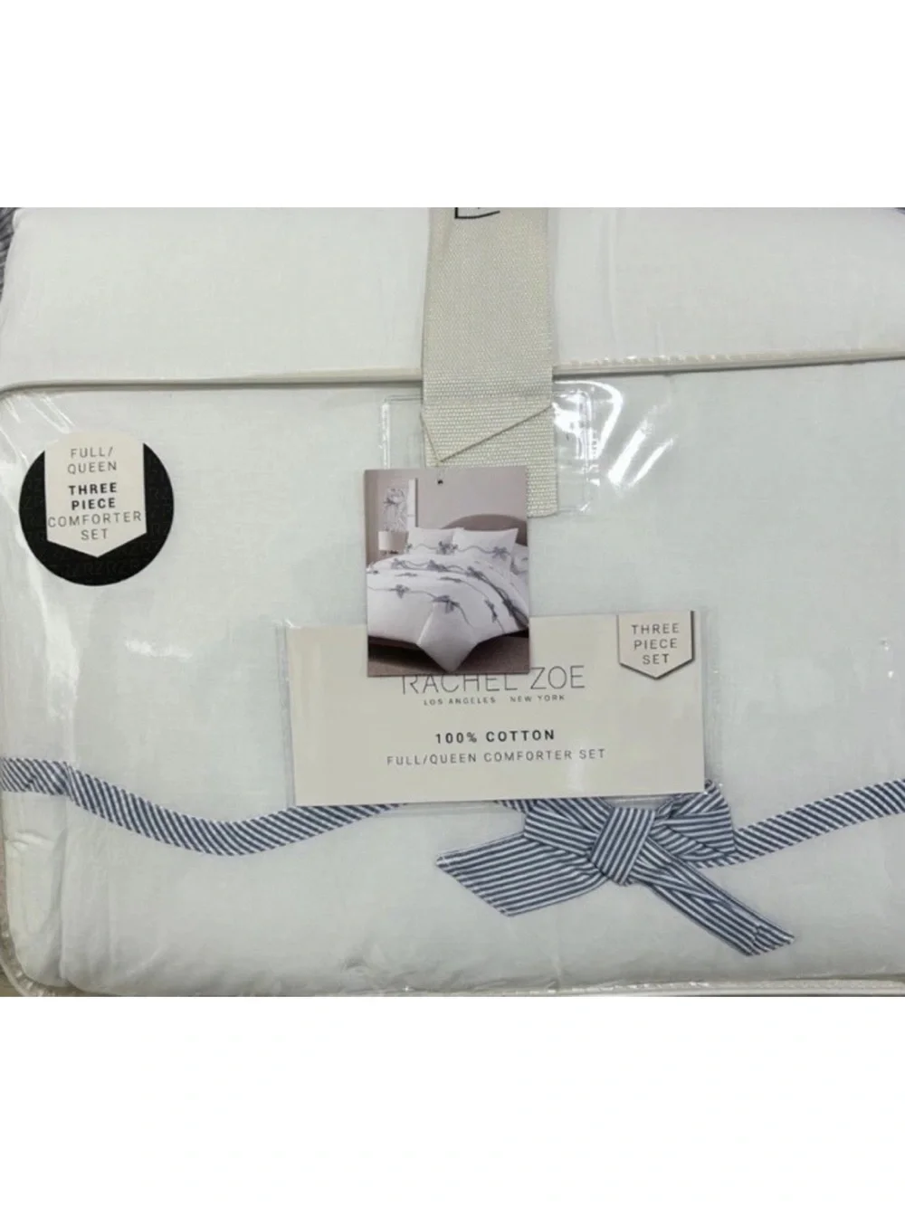 Rachel Zoe Full/Queen White and Blue Cotton Comforter Set All Over Bow Design