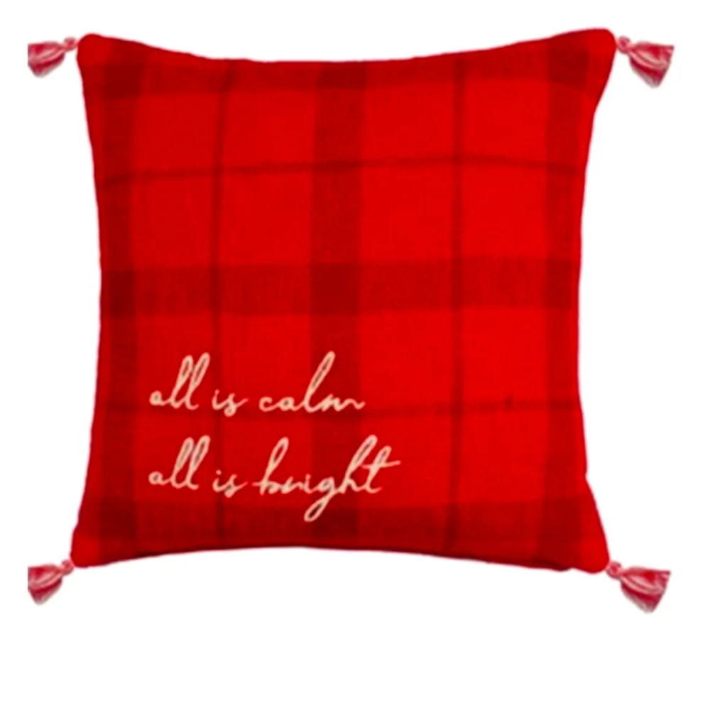 All Is Calm All Is Bright Red Plaid Christmas Pillow 18