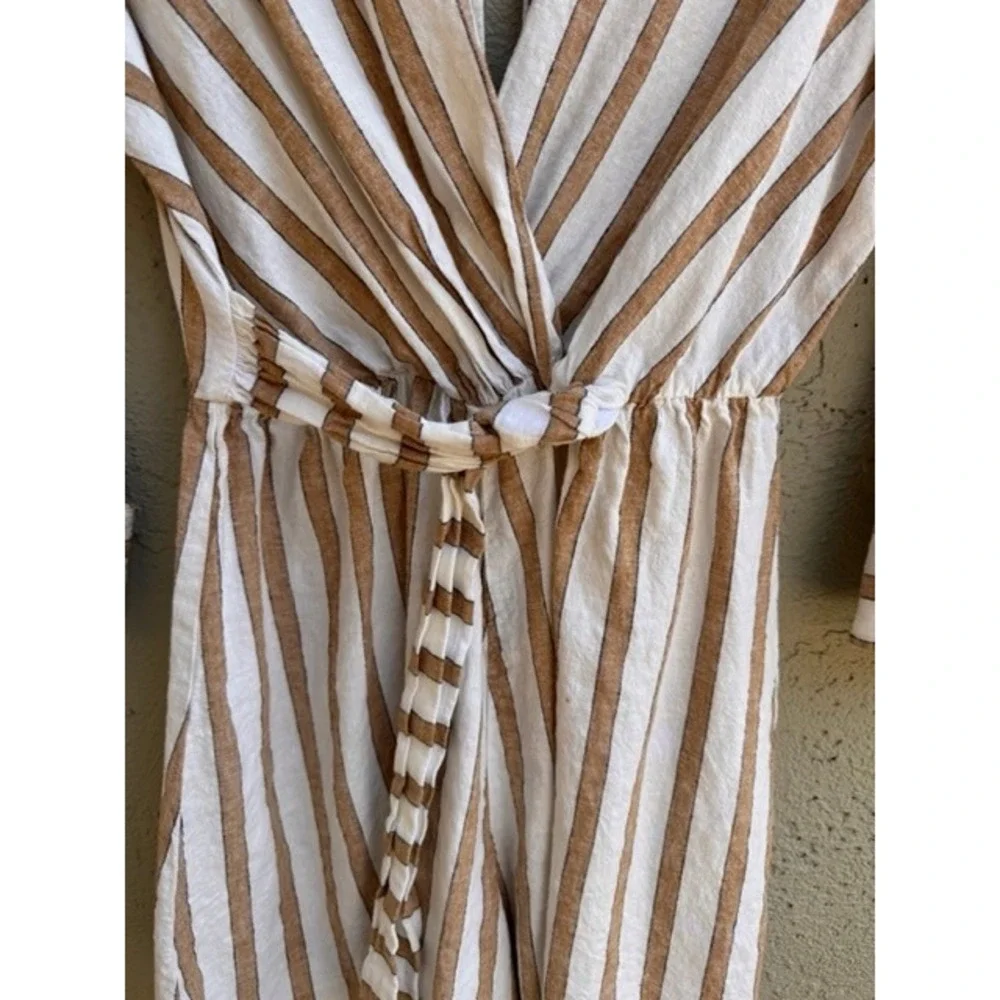 Zara Women Tan White Striped Linen Romper XS Minimalist Nautical Casual Beach