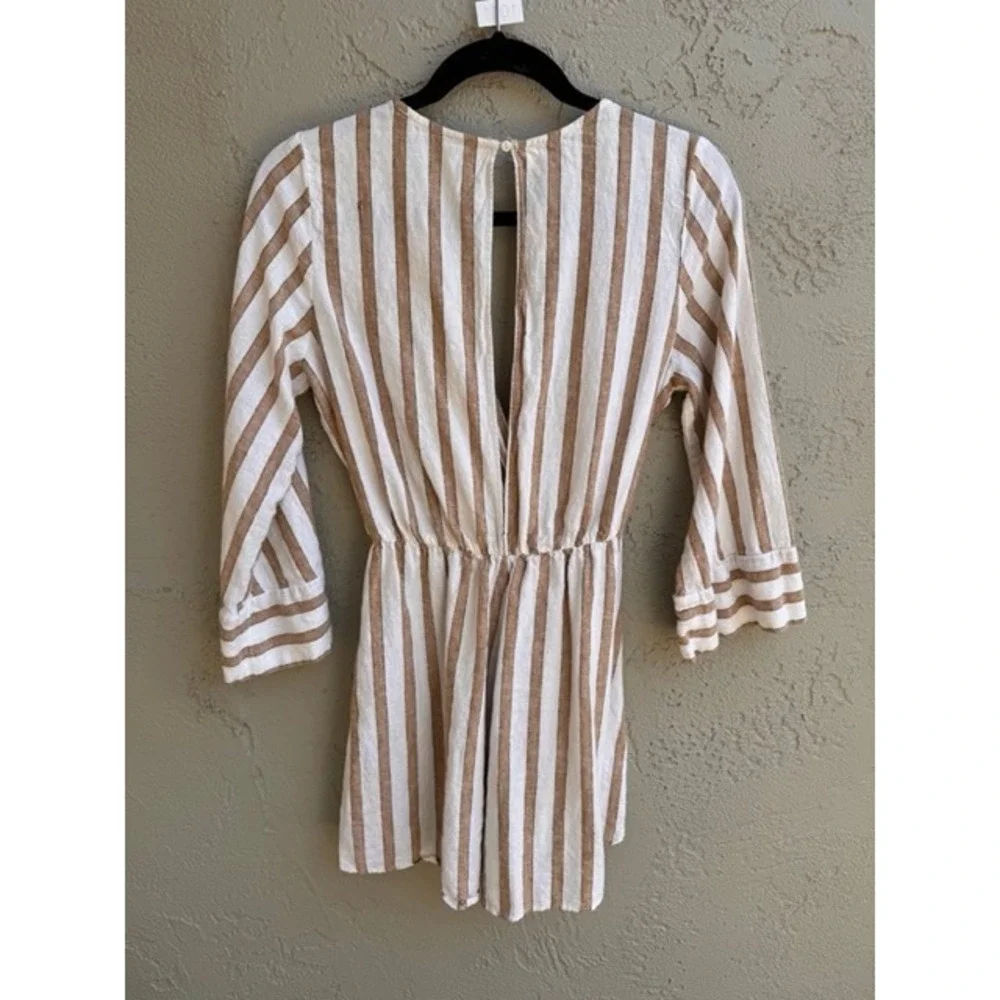 Zara Women Tan White Striped Linen Romper XS Minimalist Nautical Casual Beach