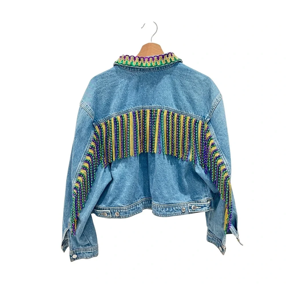 Mardi Gras Festival Women Fringe DenimJacket XL Embellishment Rhinestone Sequin